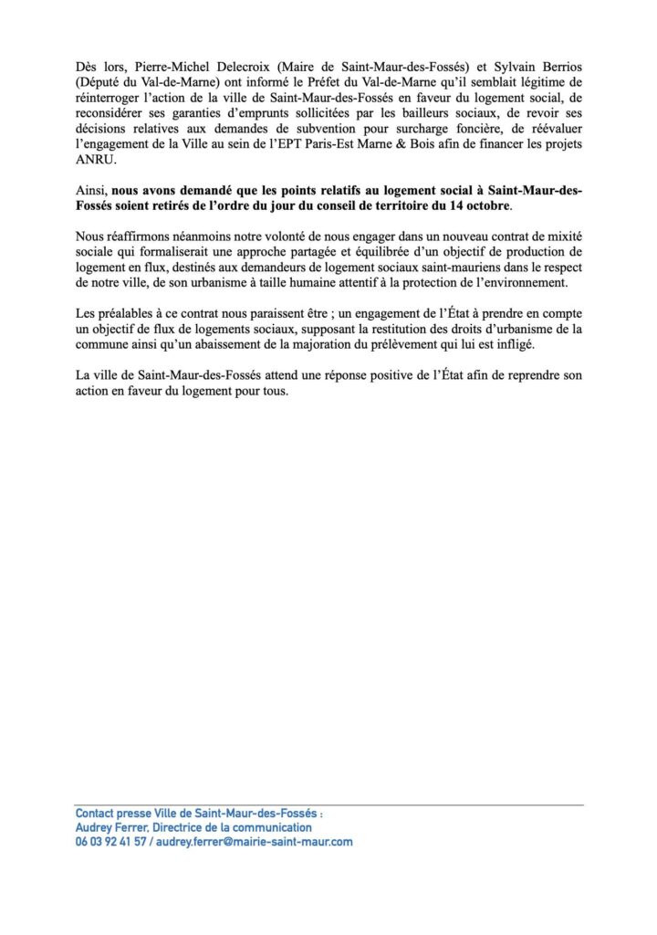 Communiqué de presse de Saint-Maur sur le logement social 2